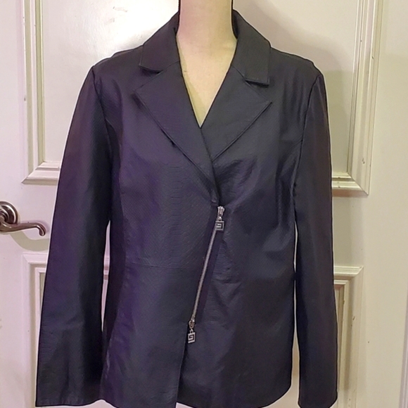 Pamela McCoy Textured Black Genuine Leather Blazer, Size Large - Picture 4 of 16